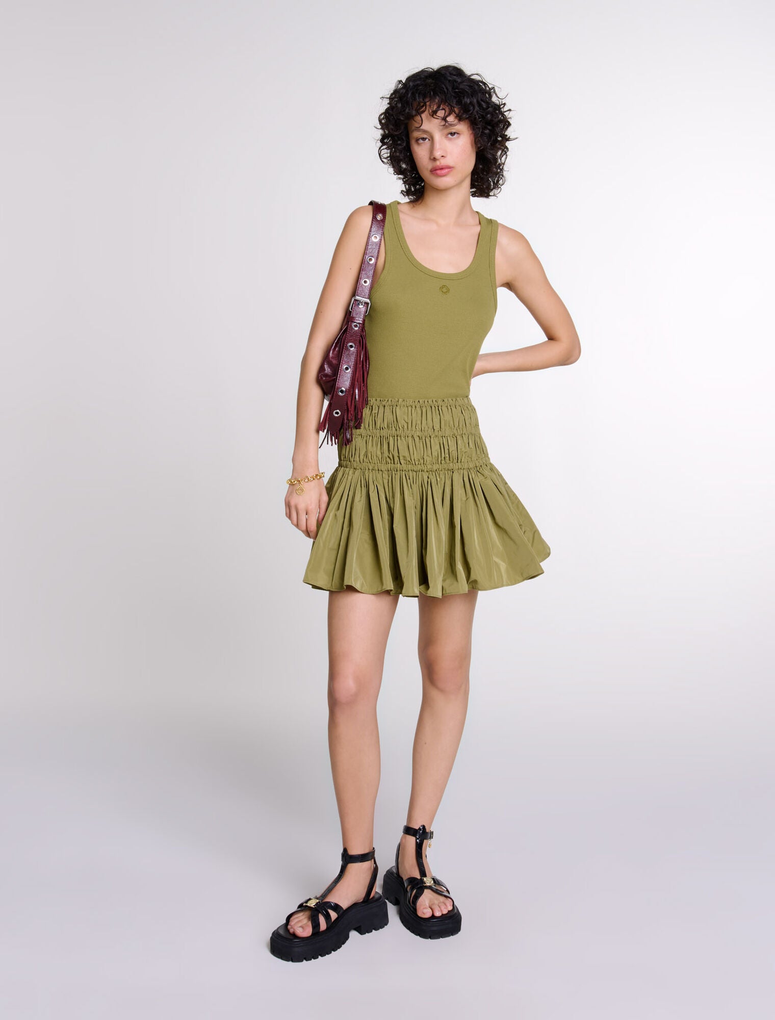 Khaki featured-Short taffeta mini-skirt