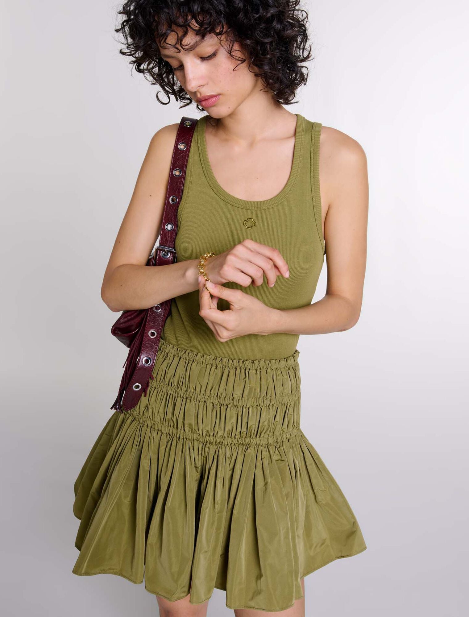 Khaki  -Short taffeta mini-skirt