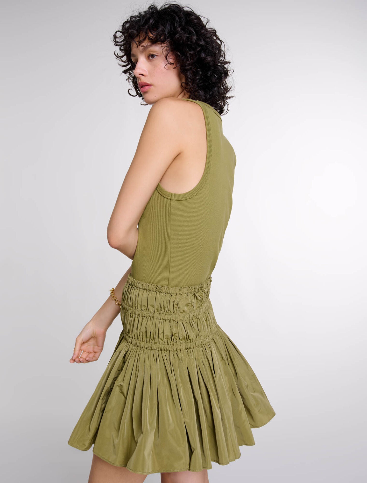 Khaki  -Short taffeta mini-skirt