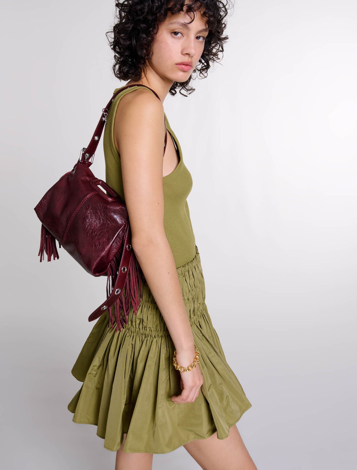 Khaki  -Short taffeta mini-skirt