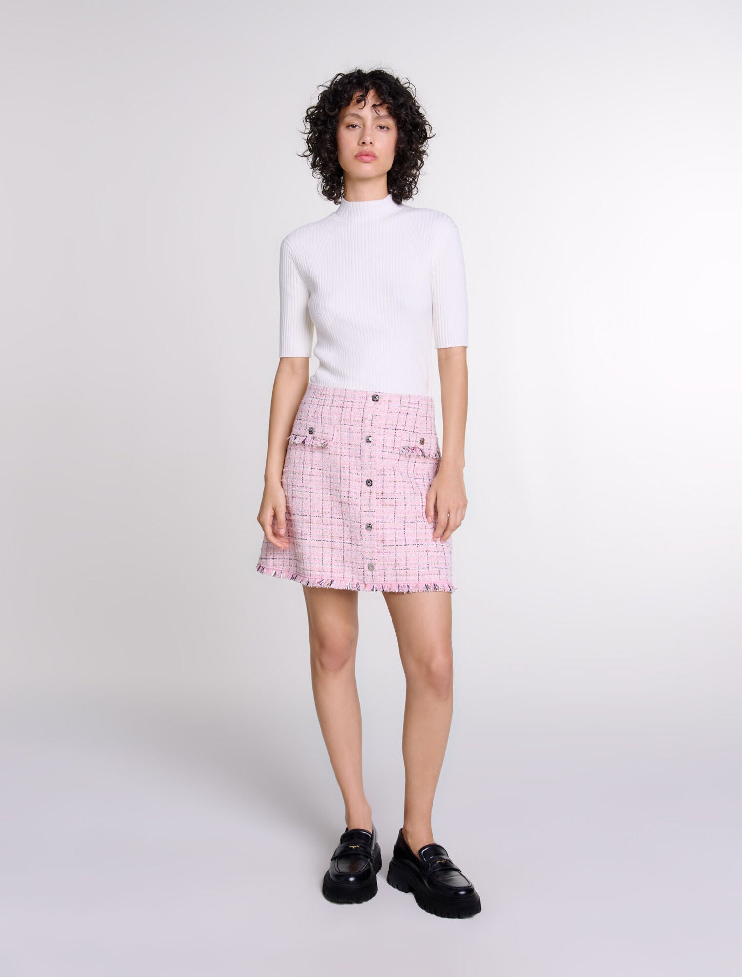 Pink featured-Tweed skirt with belt