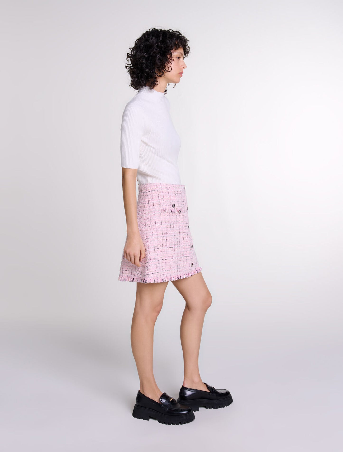 Pink  -Tweed skirt with belt
