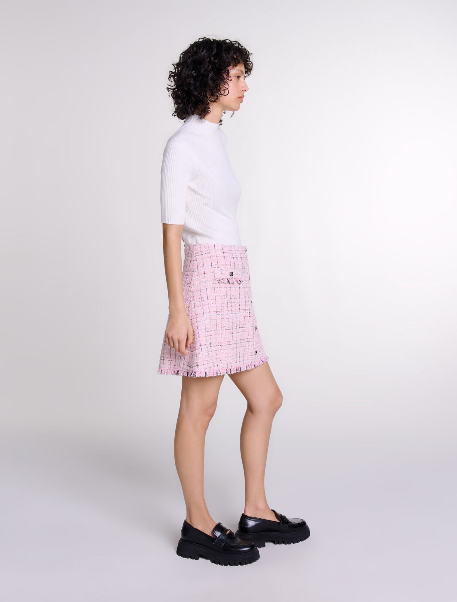Pink  -Tweed skirt with belt