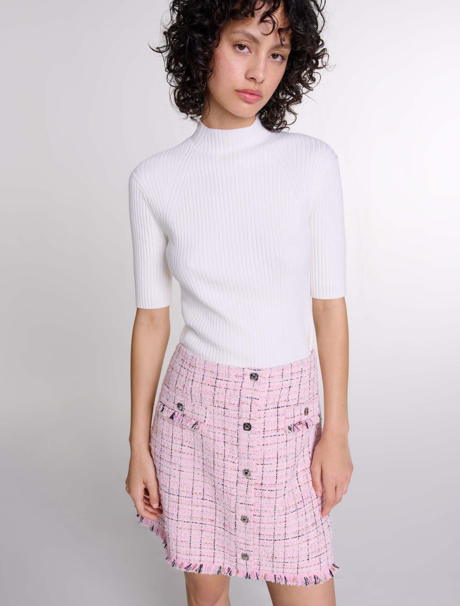 Pink  -Tweed skirt with belt