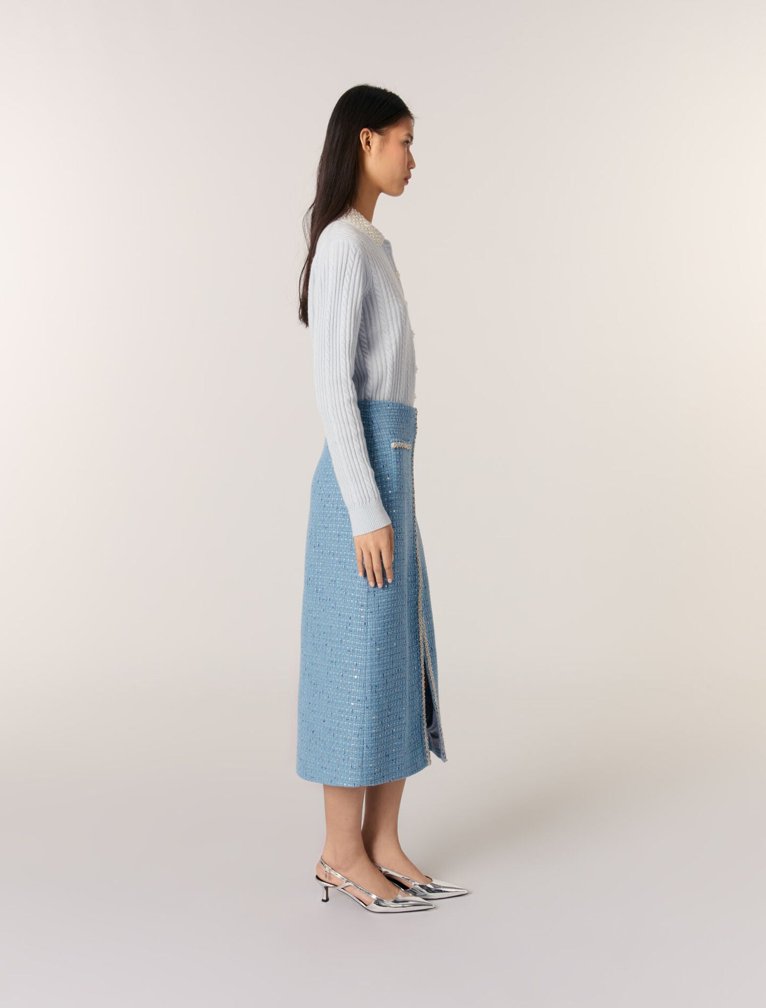 Blue Sequin tweed midi skirt