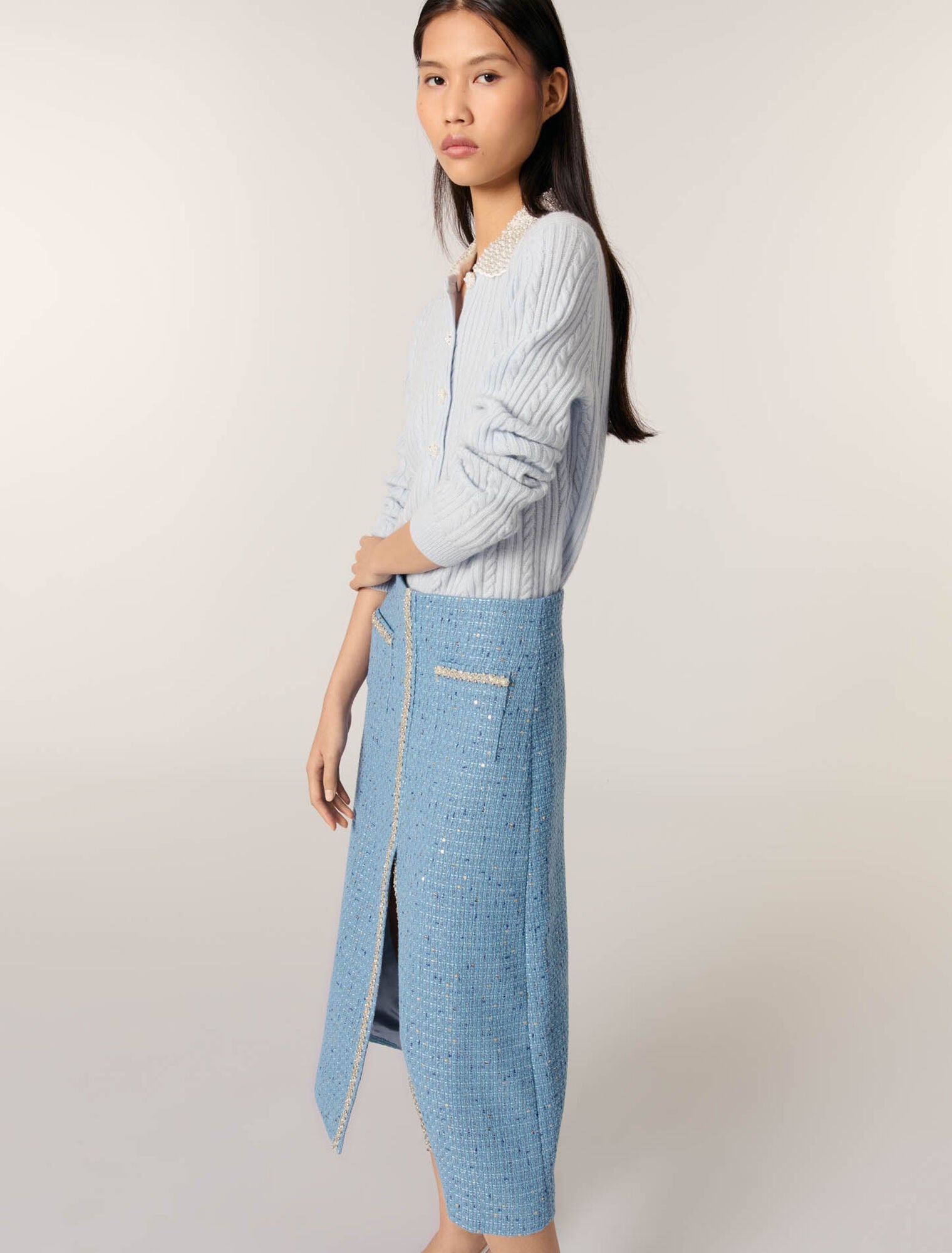 Blue Sequin tweed midi skirt