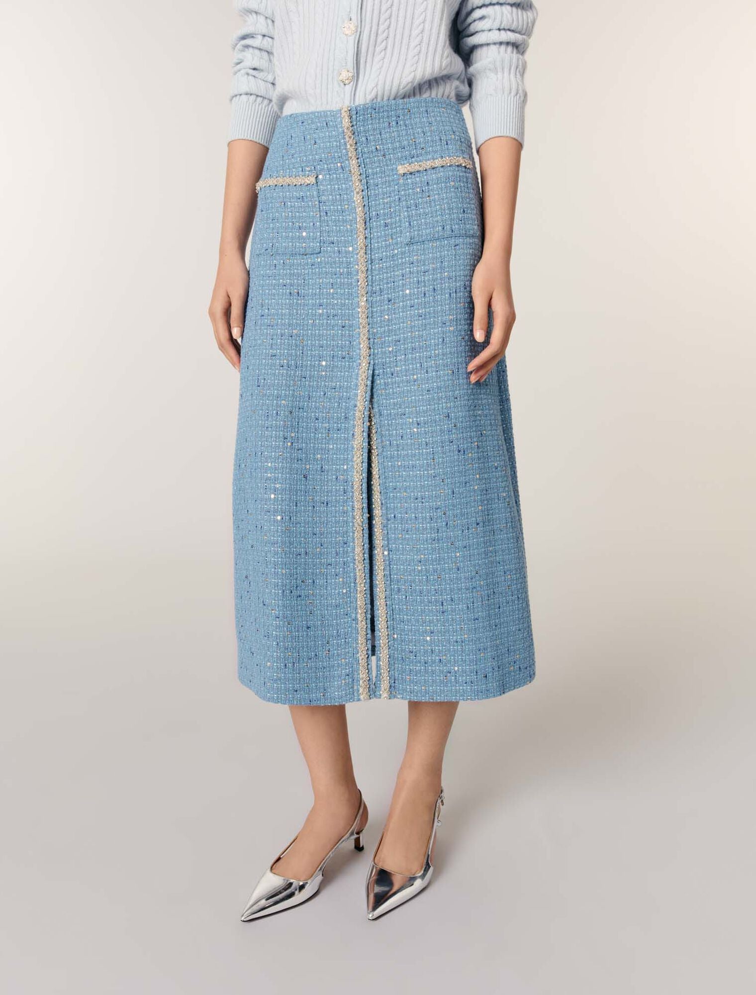 Blue Sequin tweed midi skirt
