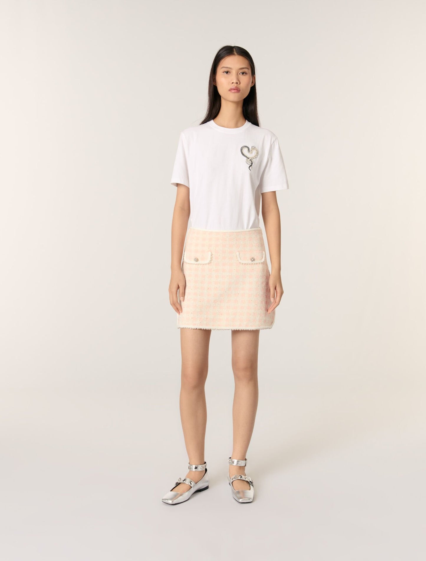 Pink/Ecru featured Short tweed-effect knit skirt