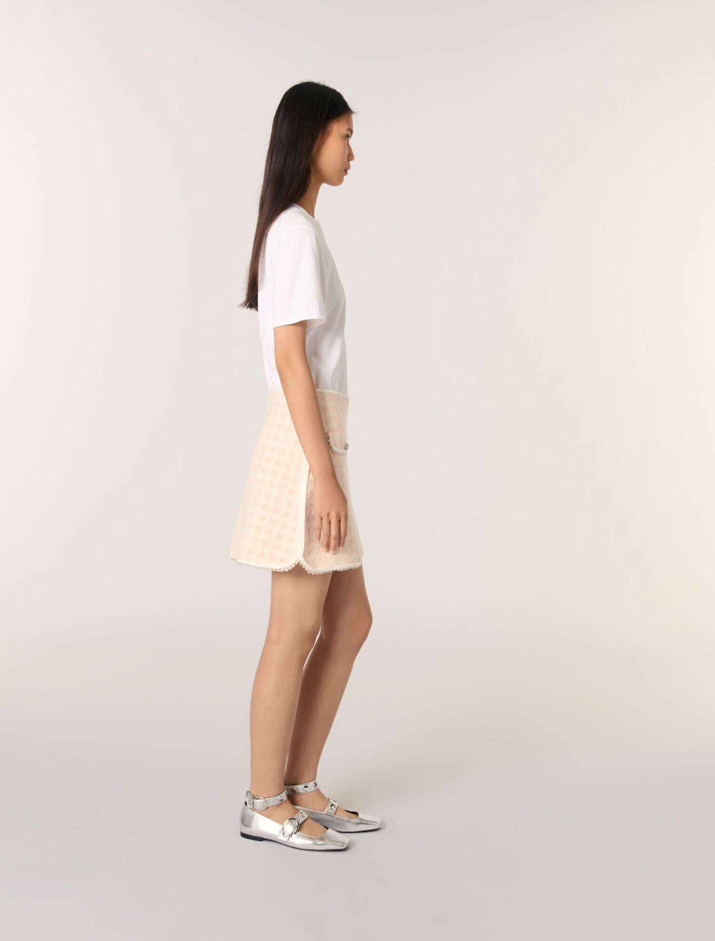 Pink/Ecru Short tweed-effect knit skirt