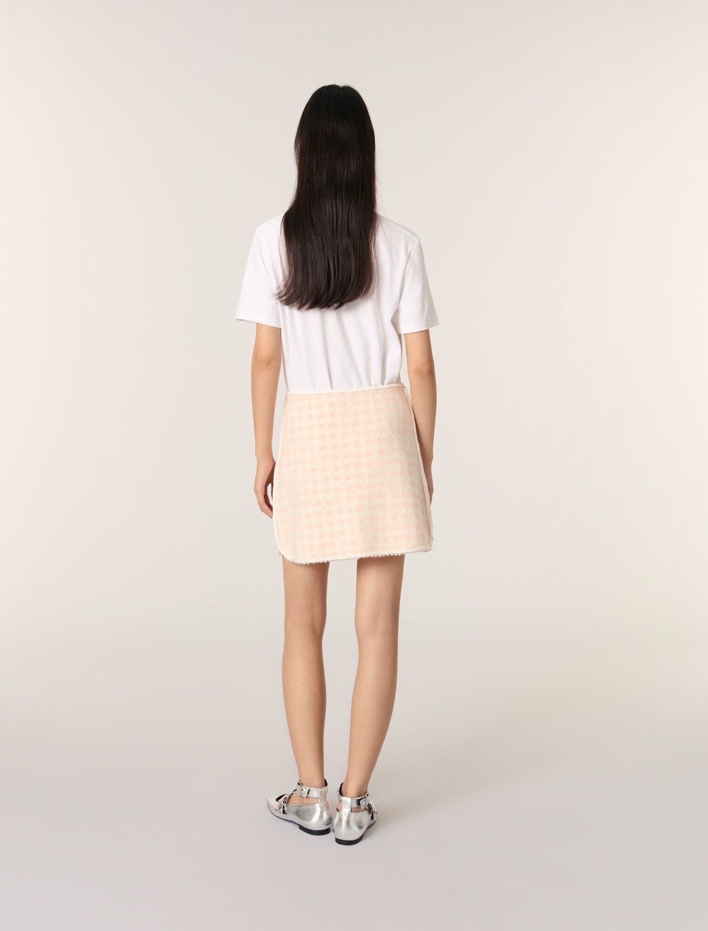 Pink/Ecru Short tweed-effect knit skirt