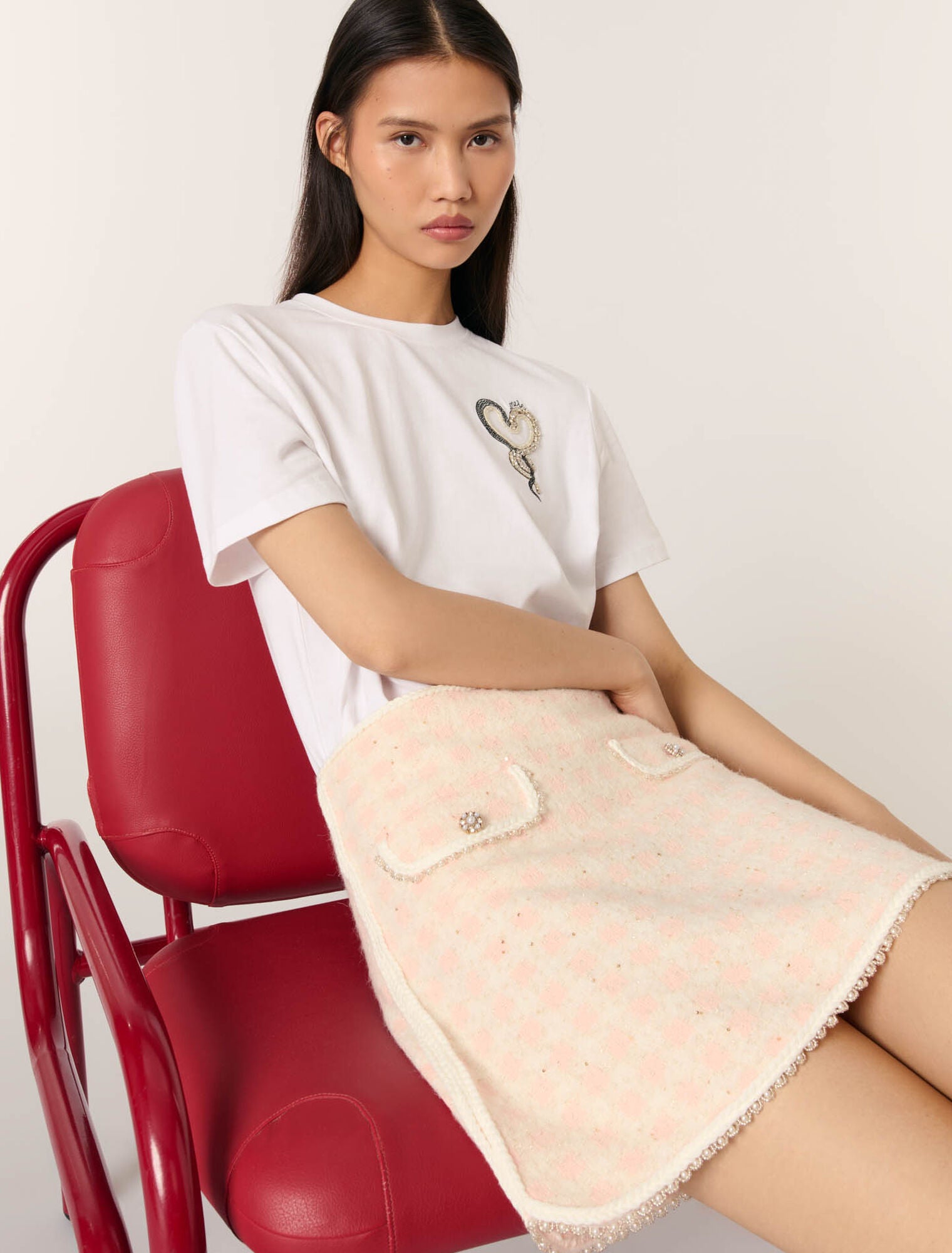 Pink/Ecru Short tweed-effect knit skirt