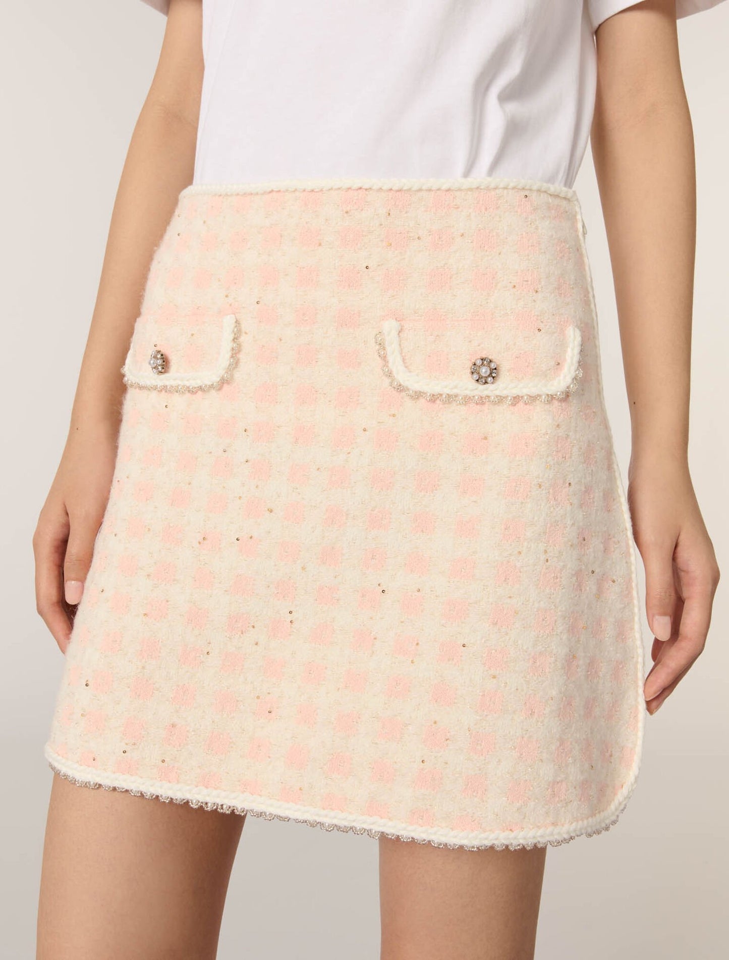 Pink/Ecru Short tweed-effect knit skirt