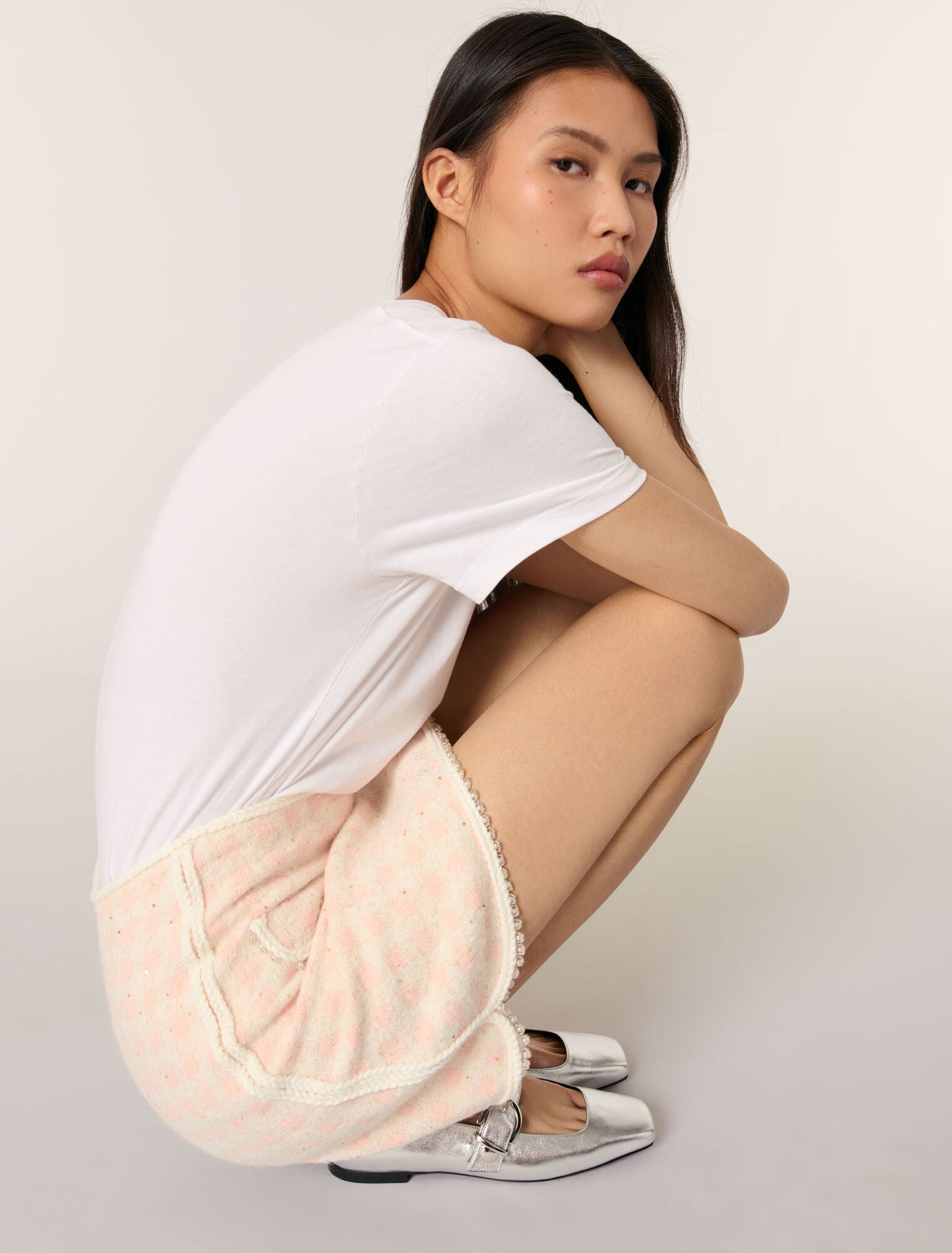 Pink/Ecru Short tweed-effect knit skirt