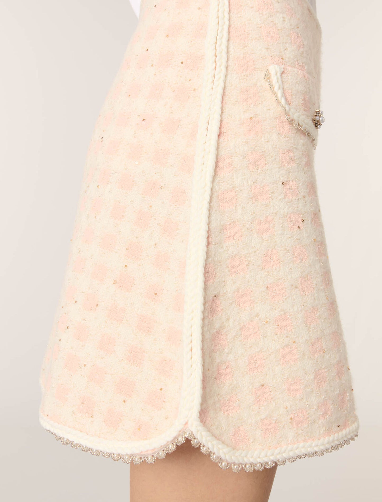 Pink/Ecru Short tweed-effect knit skirt