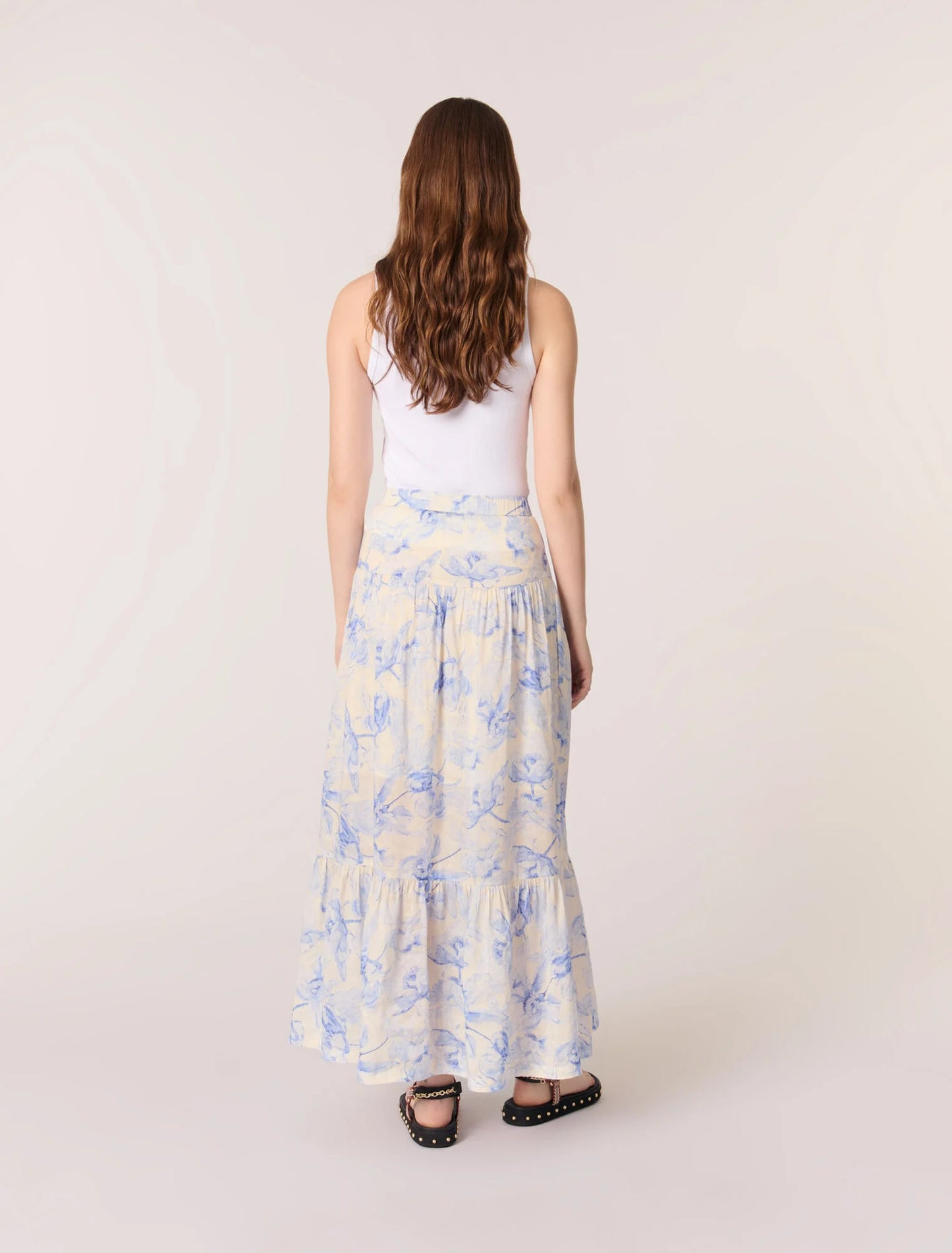 Blue Flower Print Ecru Base-Floral Maxi Skirt