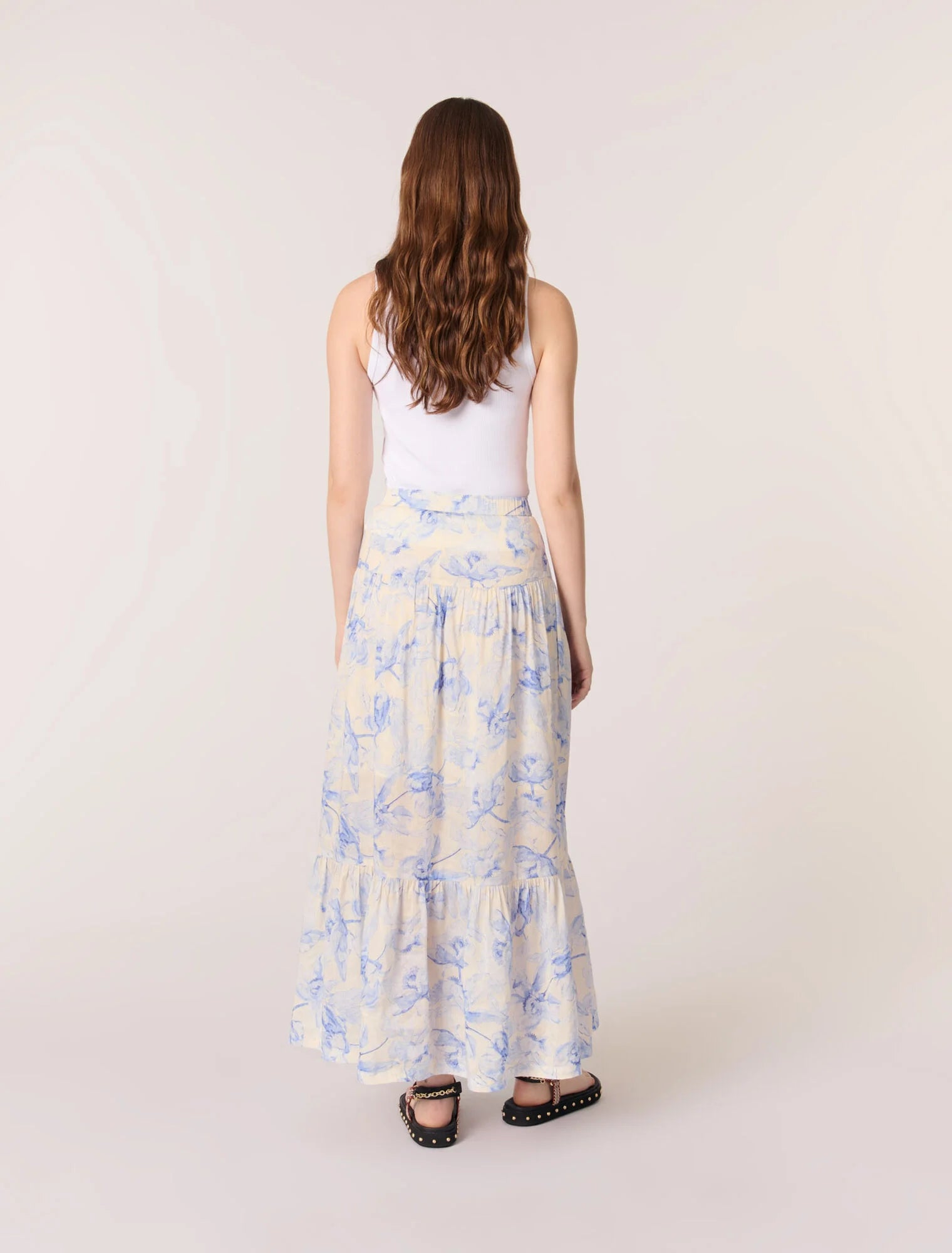 Blue Flower Print Ecru Base-Floral Maxi Skirt