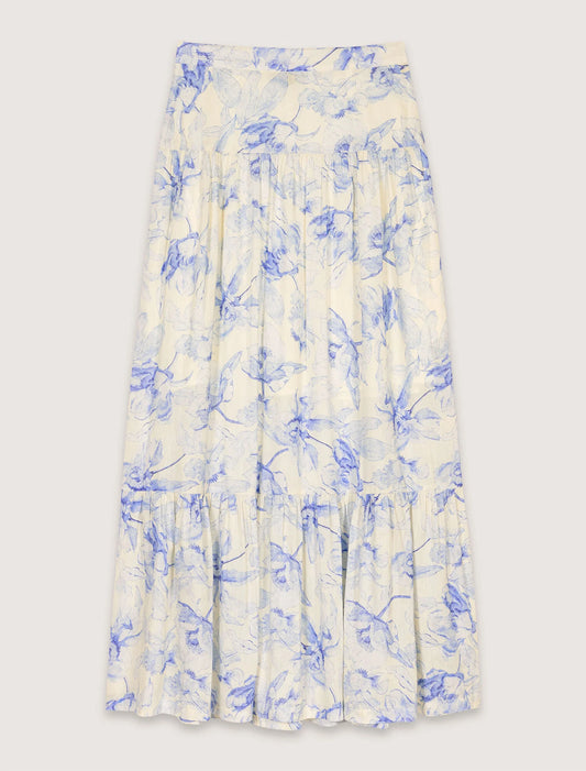 Blue Flower Print Ecru Base-Floral Maxi Skirt