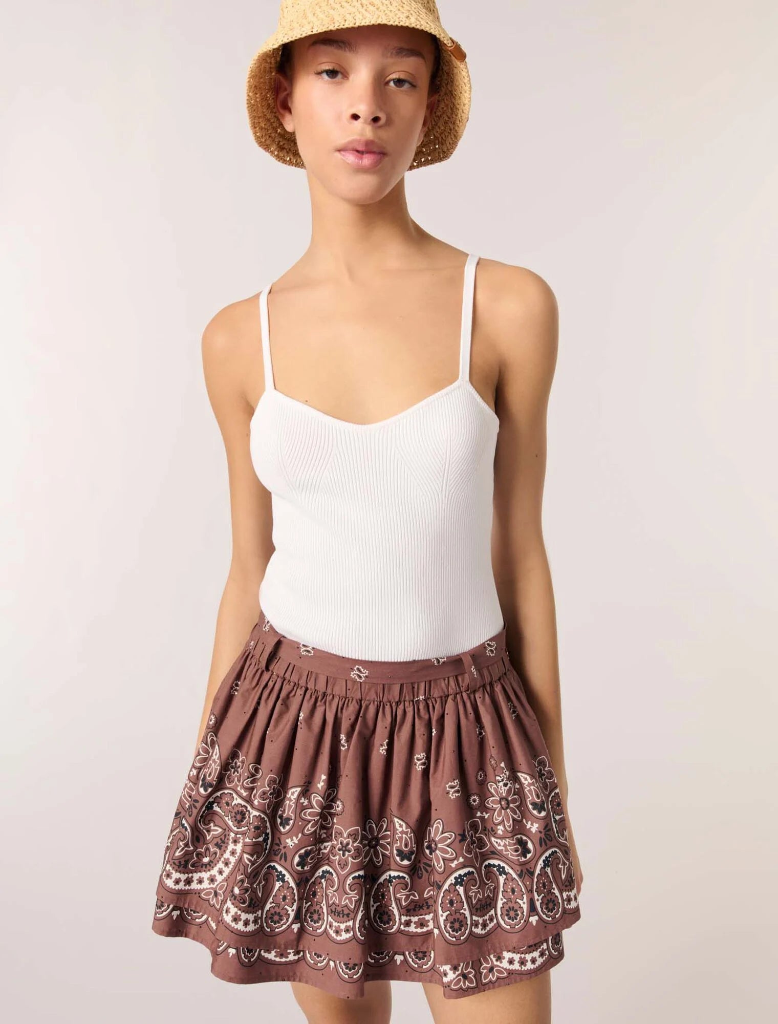 Brown Bandana Print Printed mini skirt with rhinestones