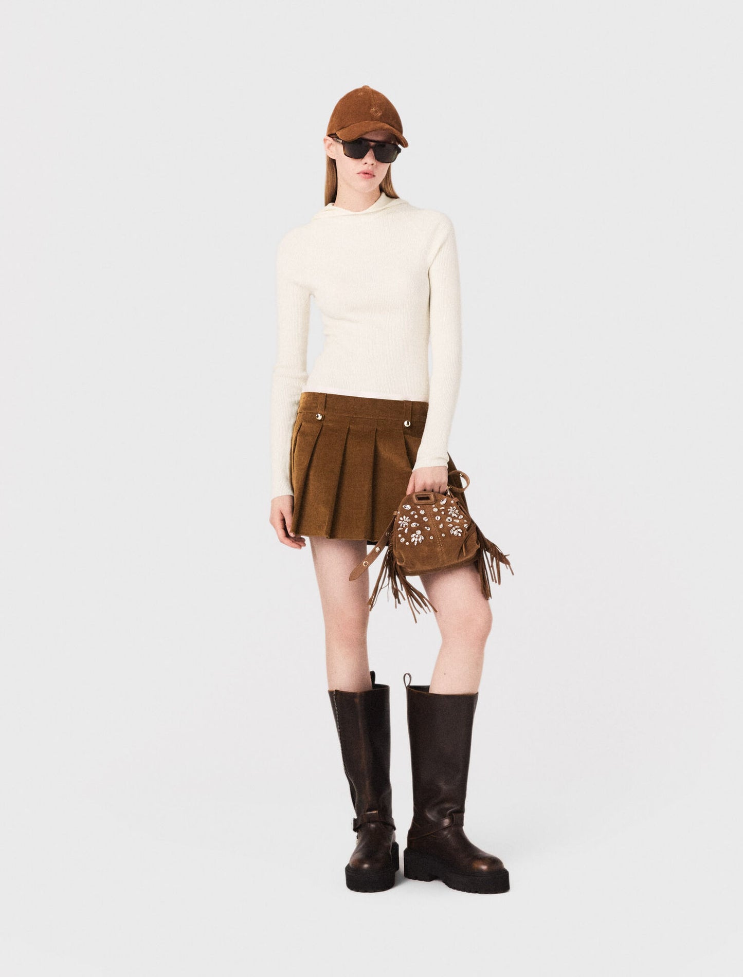 Pleated corduroy mini skirt Camel