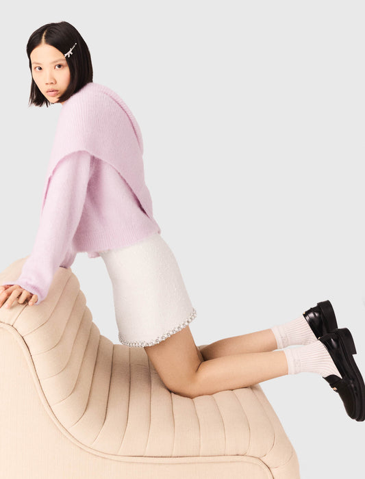 Pearl-Trim Tweed Skirt ECRU