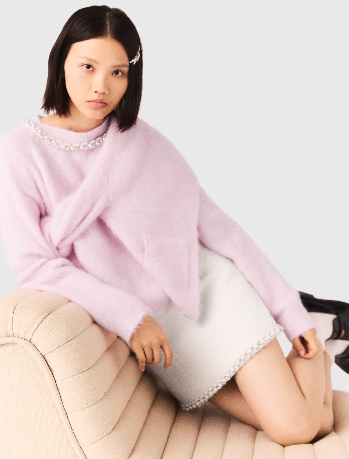 Pearl-Trim Tweed Skirt ECRU