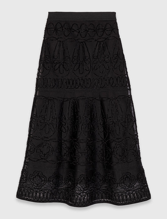 Embroidered Basket-Weave Knit Skirt BLACK