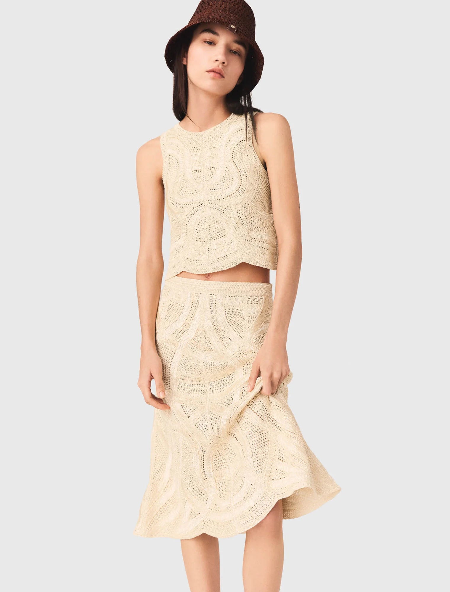 Long Crochet Skirt Beige