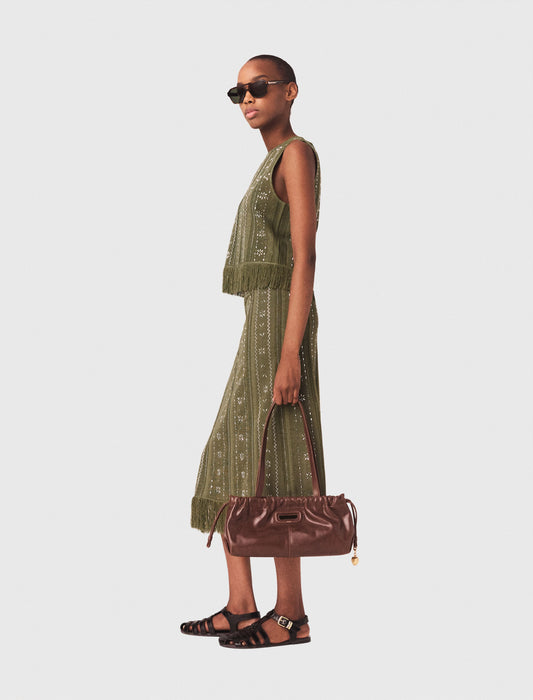 Knit Skirt With Rhinestone Flowers Khaki