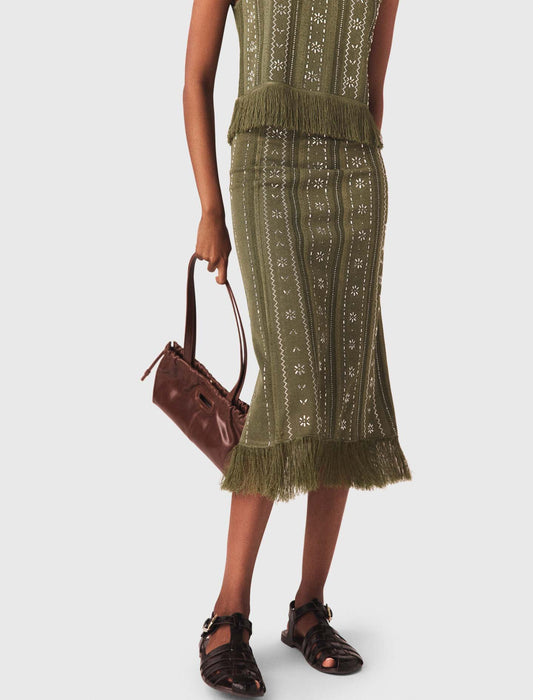 Knit Skirt With Rhinestone Flowers Khaki