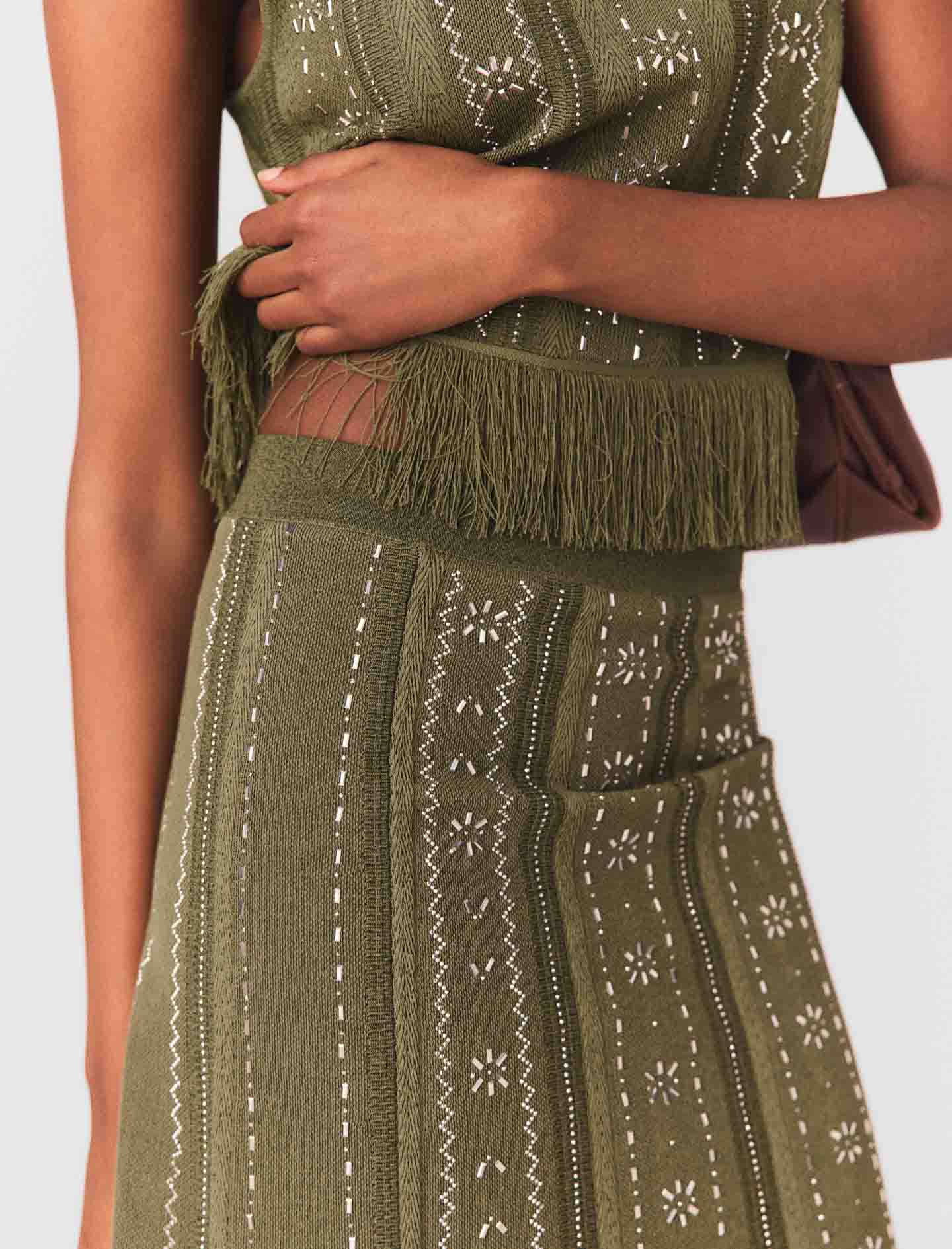 Knit Skirt With Rhinestone Flowers Khaki