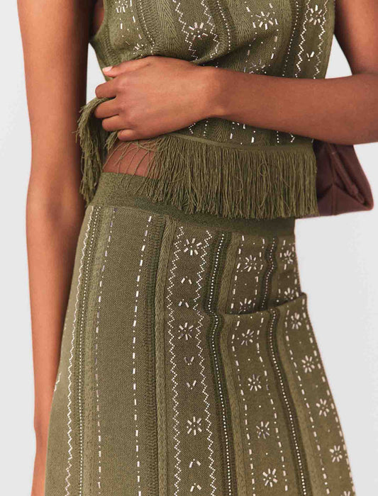 Knit Skirt With Rhinestone Flowers Khaki