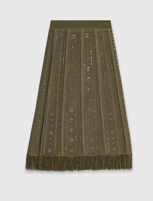 Knit Skirt With Rhinestone Flowers Khaki