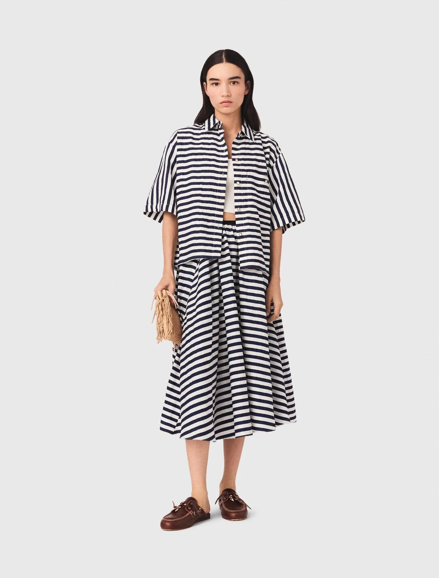 Linen-Blend Midi Skirt White/Blue
