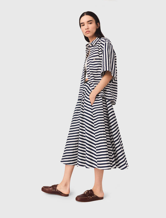 Linen-Blend Midi Skirt White/Blue