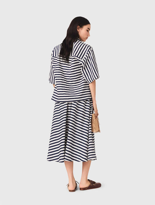 Linen-Blend Midi Skirt White/Blue