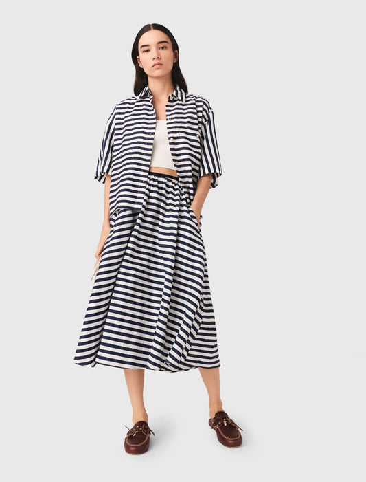 Linen-Blend Midi Skirt White/Blue
