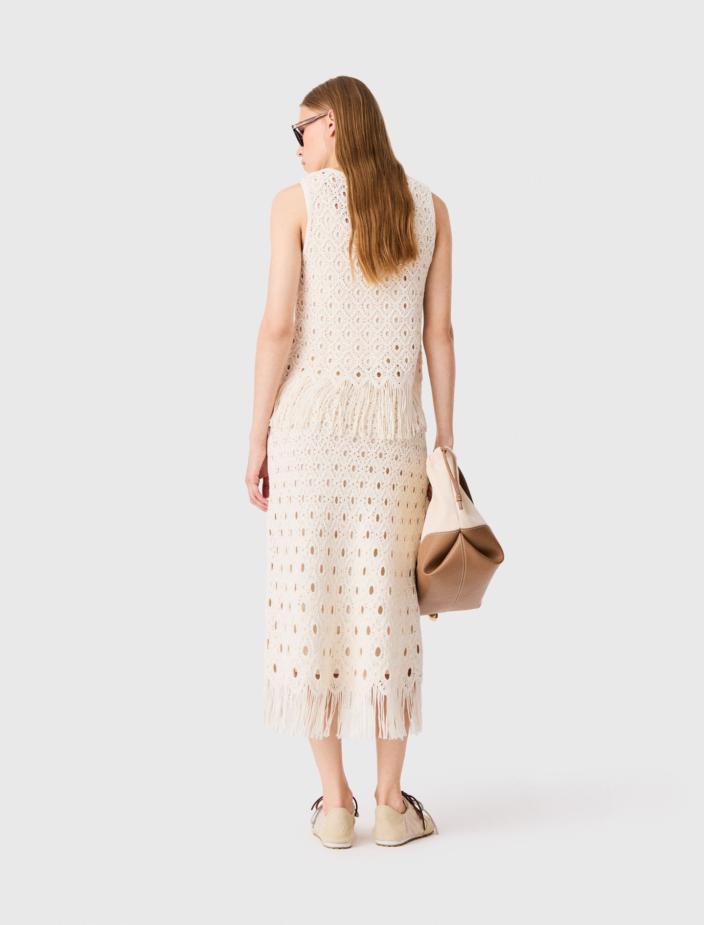 Fringed crochet midi skirt Ecru