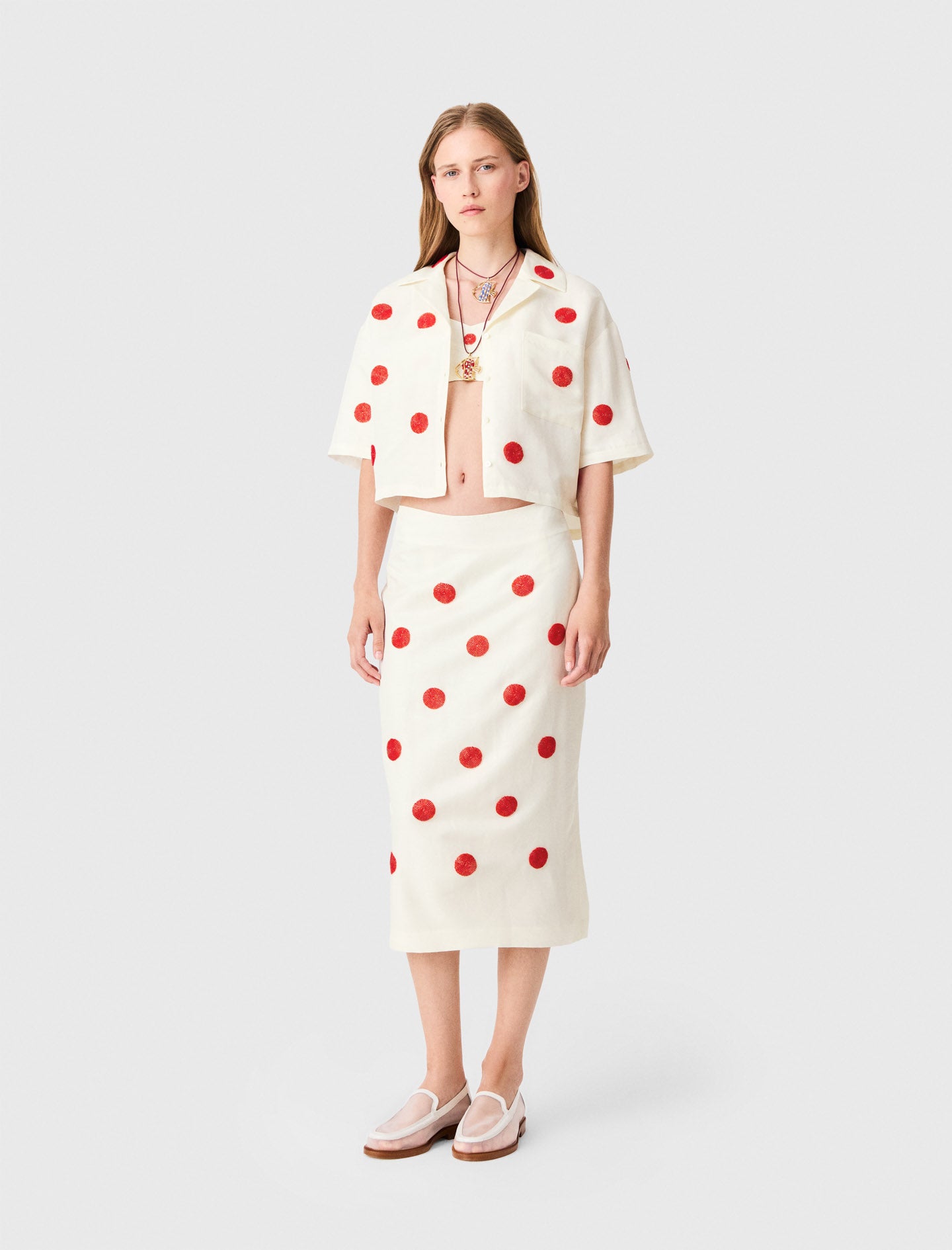 Embroidered linen-silk pencil skirt White