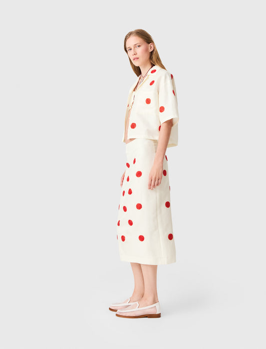 Embroidered linen-silk pencil skirt White