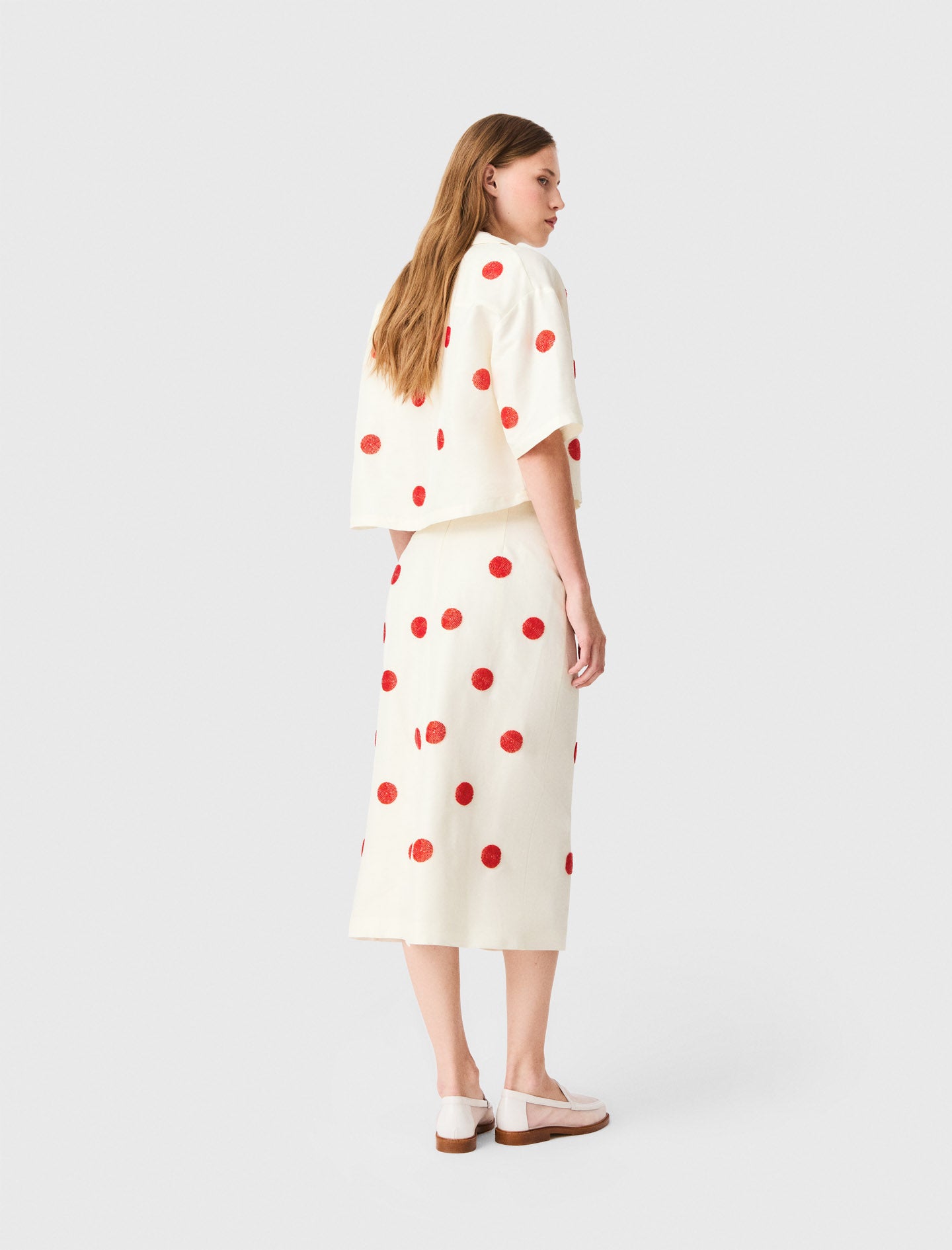 Embroidered linen-silk pencil skirt White