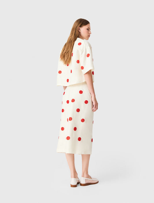 Embroidered linen-silk pencil skirt White