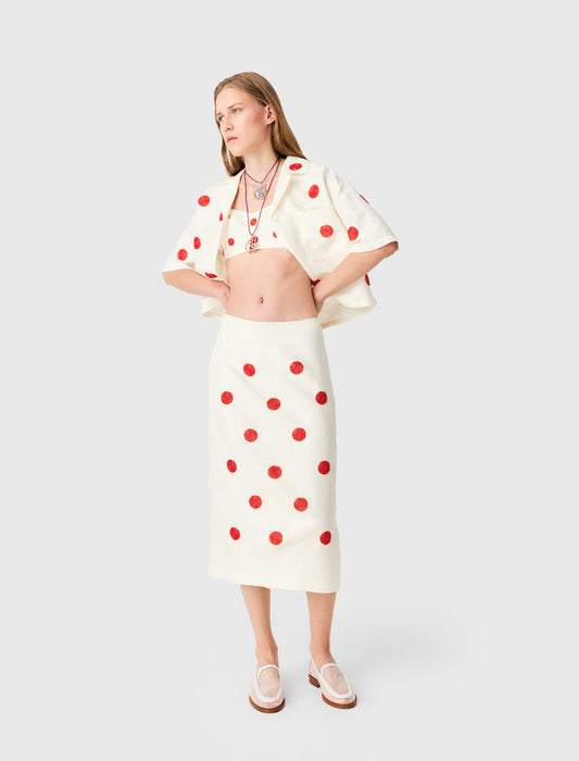 Embroidered linen-silk pencil skirt White