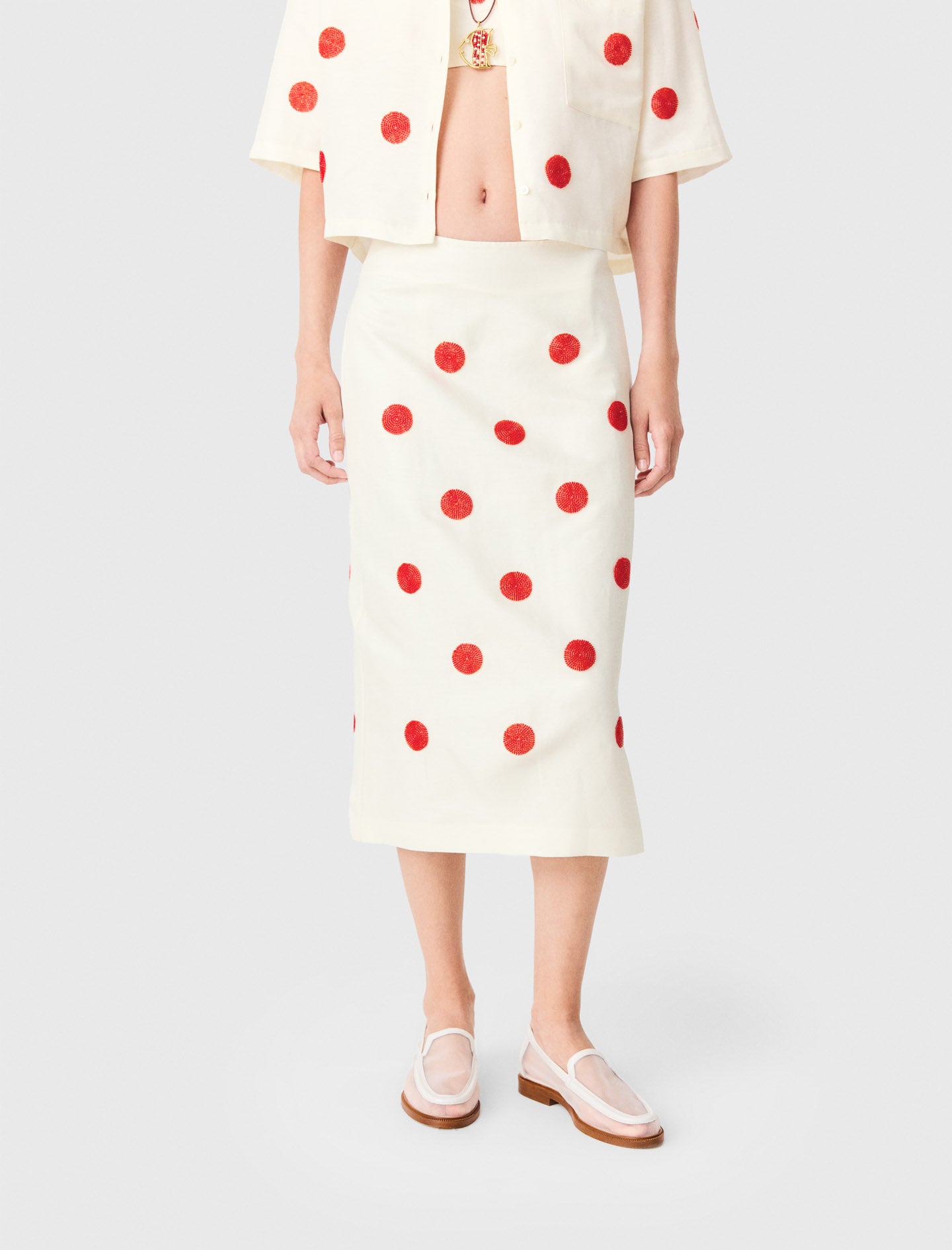Embroidered linen-silk pencil skirt White