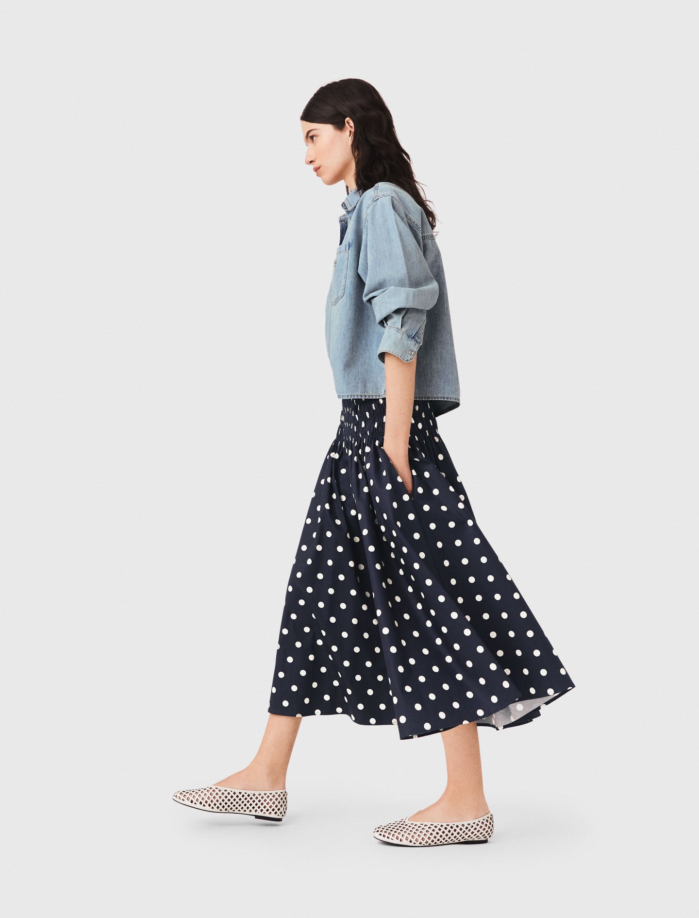 Long cotton skirt Navy Dots Print