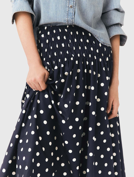 Long cotton skirt Navy Dots Print