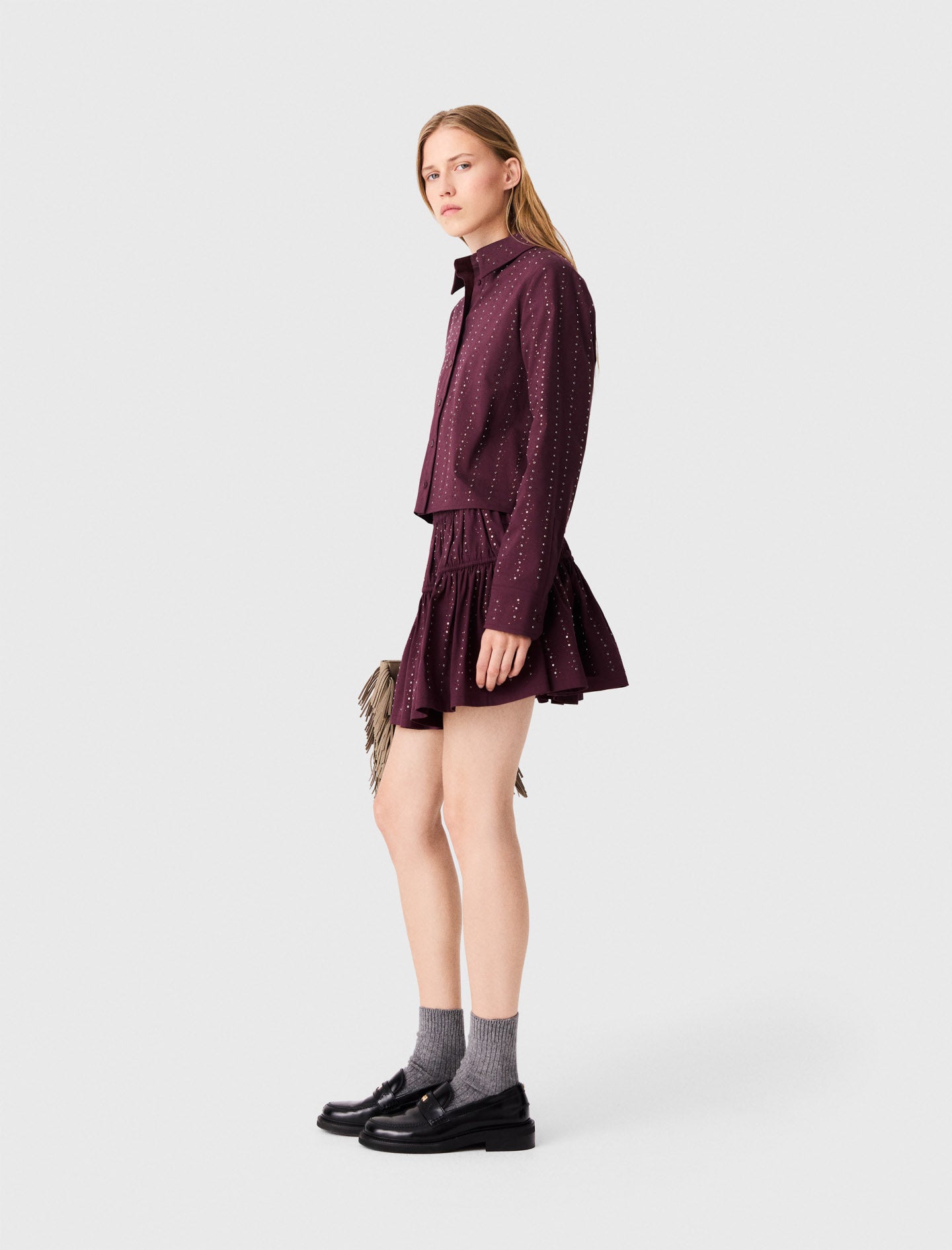 Short rhinestone cotton skirt Burgundy
