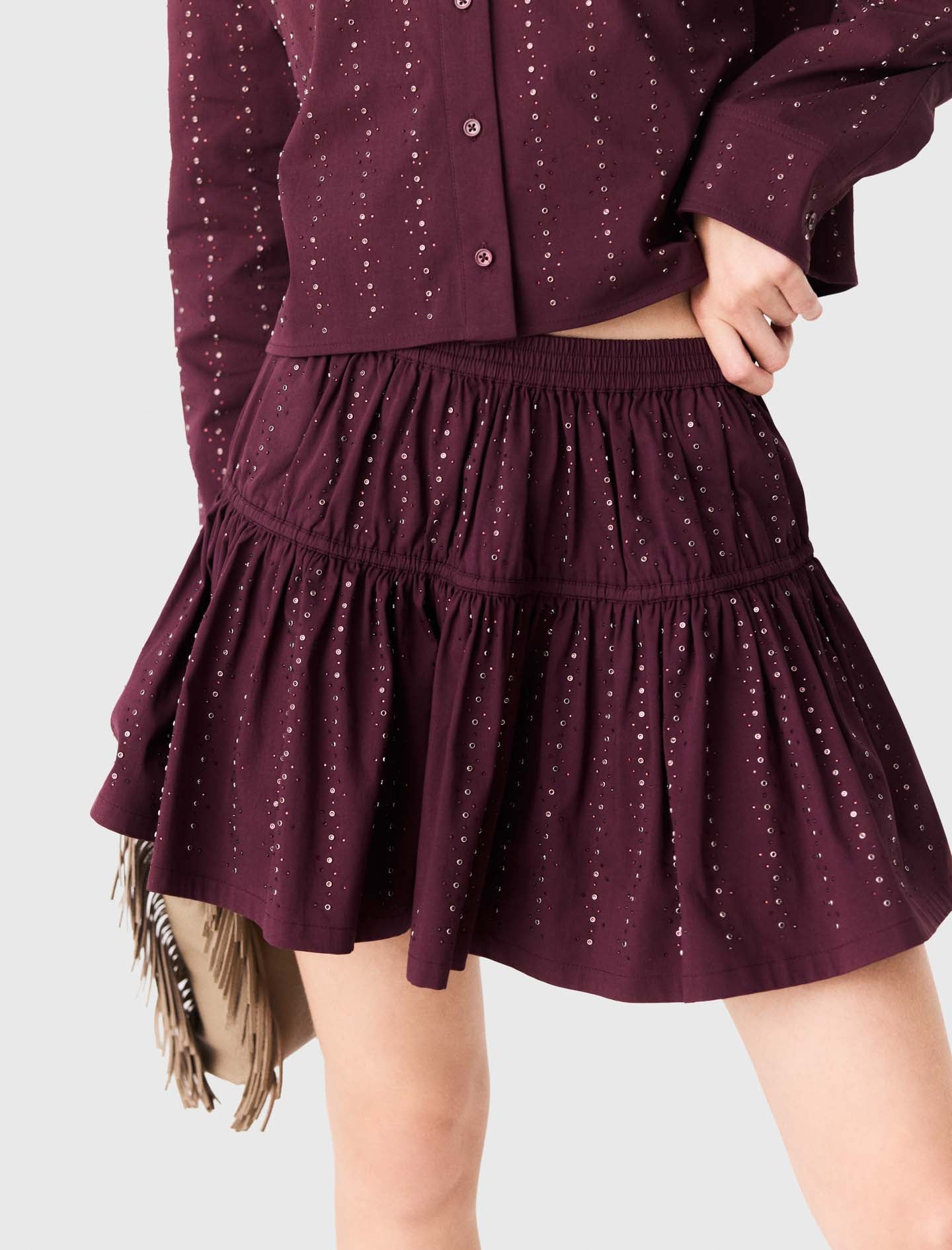 Short rhinestone cotton skirt Burgundy