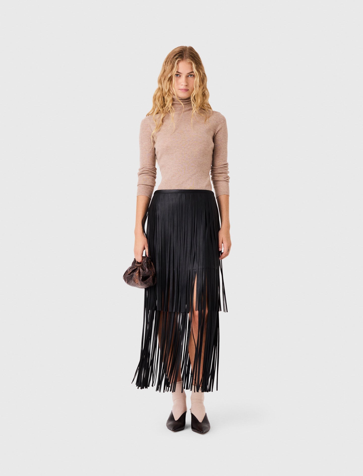 Fringed Faux Leather Skirt Black