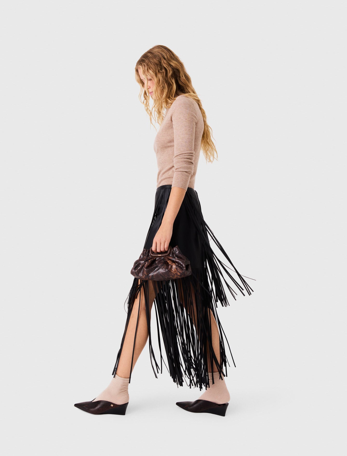 Fringed Faux Leather Skirt Black