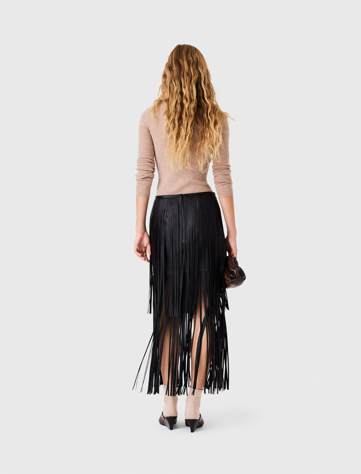 Fringed Faux Leather Skirt Black